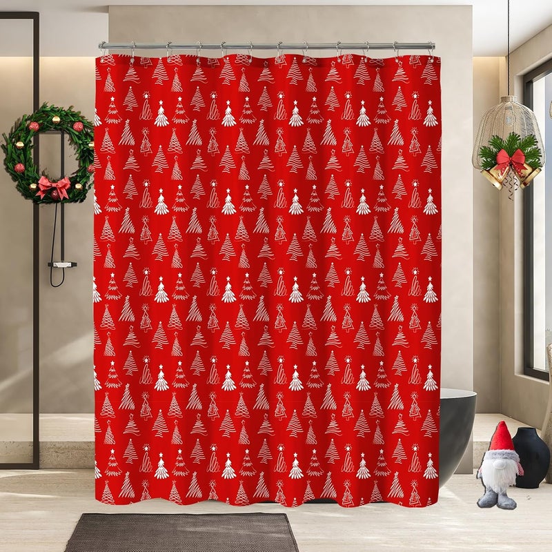 YOSTEV Christmas Shower Curtain, Christmas Tree Shower Curtains for Bathroom, Red Winter Holiday Shower Curtain for Bathroom Decor, Merry Christmas Xmas Pine Fabric Cloth Bath Curtain, 72 x 72 Inch - Image 2